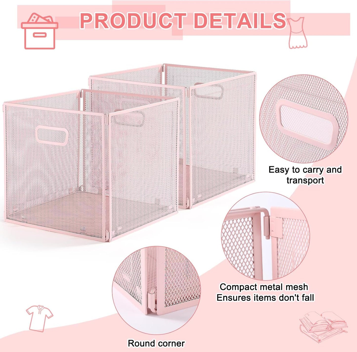Funnymoom 2 Pcs Foldable Metal Wire Basket 13 x 13 Inch Black Cube Storage Bins Stackable Wire Laundry Baskets Organizer with Handle for Shelves Pantry Cabinet File Graduation Gift