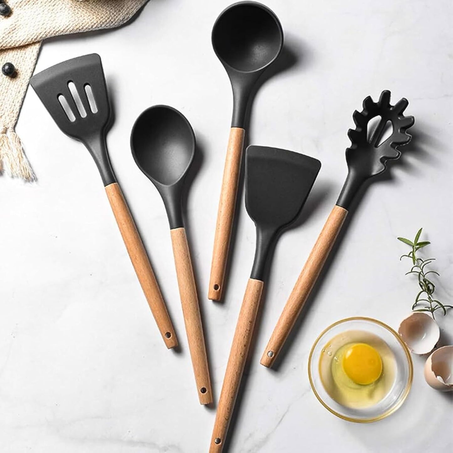 33-Piece Silicone Kitchen Utensil Set with Holder – Heat Resistant up to 446°F, Non-Stick Cooking Tools with Wooden Handles, Measuring Cups, Spatulas, Tongs, Whisk & More