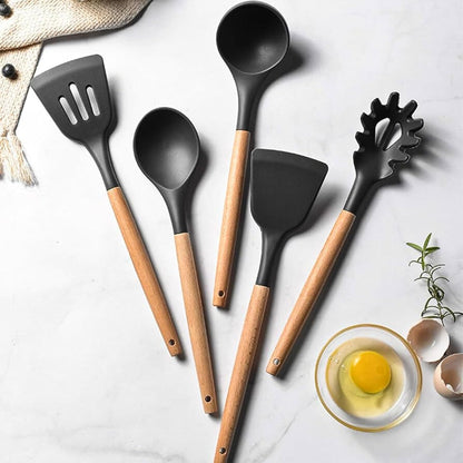 33-Piece Silicone Kitchen Utensil Set with Holder – Heat Resistant up to 446°F, Non-Stick Cooking Tools with Wooden Handles, Measuring Cups, Spatulas, Tongs, Whisk & More