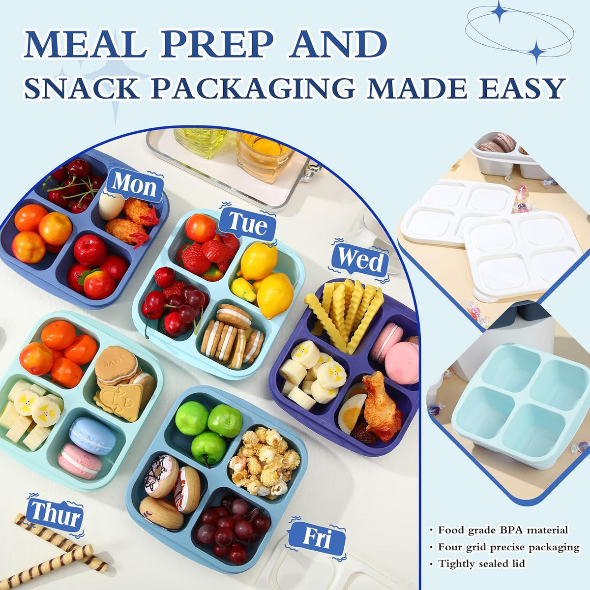 Honeydak 10 Pack Bento Snack Containers 4 Compartment Snack Boxes Reusable Containers with Lids Divided Meal Prep Lunch Food Storage Box for School Work Travel