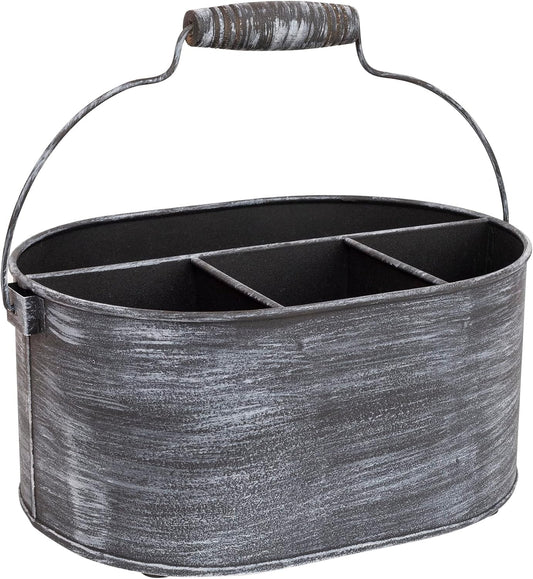 GoCraft Galvanized Flatware Caddy – Rustic Metal Utensil Holder with Handle – 4-Compartment Kitchen Organizer for Cutlery, Napkins, BBQ Tools – Farmhouse Table Decor & Storage