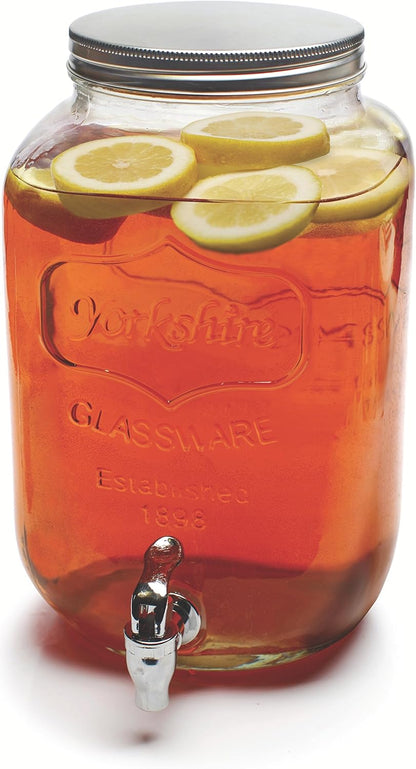 Circleware Sun Tea Mini Mason Jar Glass Beverage Dispenser with Lid, Glassware For Water, Juice, Beer, Wine, Liquor, Kombucha Iced Punch & Cold Drinks, Classic Yorkshire 1 Gallon with Stand