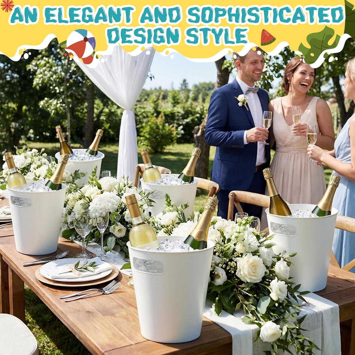 meekoo 32 Pack White Ice Buckets for Parties, 3l Plastic Beverage Bucket with Handle, Large Drink Tub Cooler for Champagne, Wine, Beer, and Soda, Beverage Tubs for Wedding, Bar, Table Display
