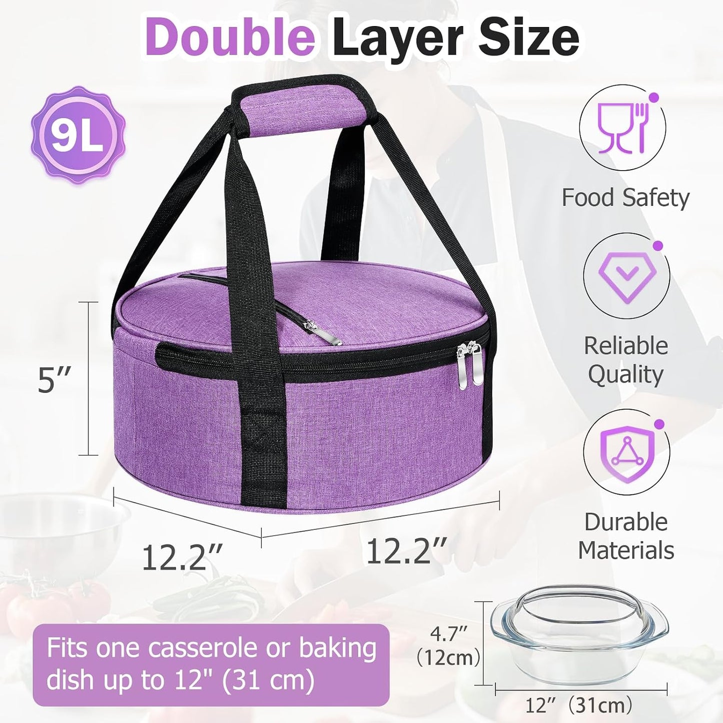 Round Insulated Casserole Carrier – 12" Portable Pie Carrier Bag for Hot or Cold Food, Leakproof Thermal Lunch Tote with Handle for Parties Picnic & Travel - Grey