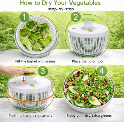 Brieftons QuickPush Salad Spinner: Large 6.3-Quart Vegetable Washer Dryer Strainer Drainer, Easy One-Handed Handle & Brake, Fast Spin Cycles, Compact Storage, to Wash, Clean & Dry Vegetables, Fruits