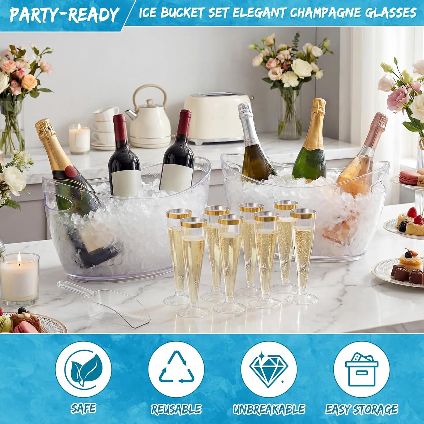 meekoo 104 Pcs Ice Buckets for Parties Set, 2 Pack 5.5l Clear Beverage Tub, 100 Pack 4.5oz Plastic Champagne Flutes, 2 Ice Scoops, Mimosa Bar Drink Supplies for Beer Wine Champagne Juice(Clear)