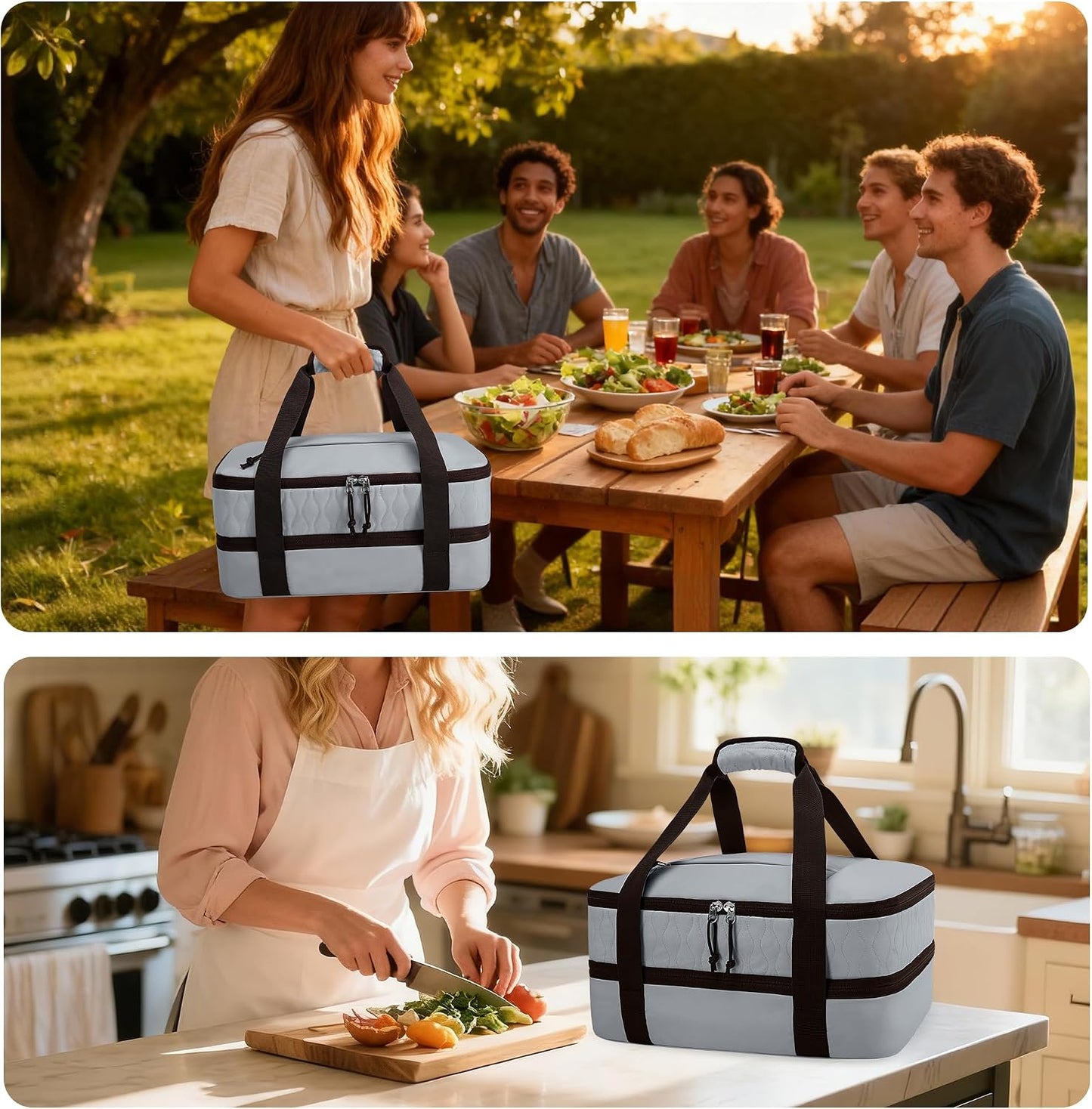 Trunab Insulated Casserole Carrier for Hot or Cold Food, Double Thermal Food Containers, Fit 9x13 Inches Baking Dish Foil Pans, For Picnic Cookouts, Potluck Parties, Beach,Beige (Beige)