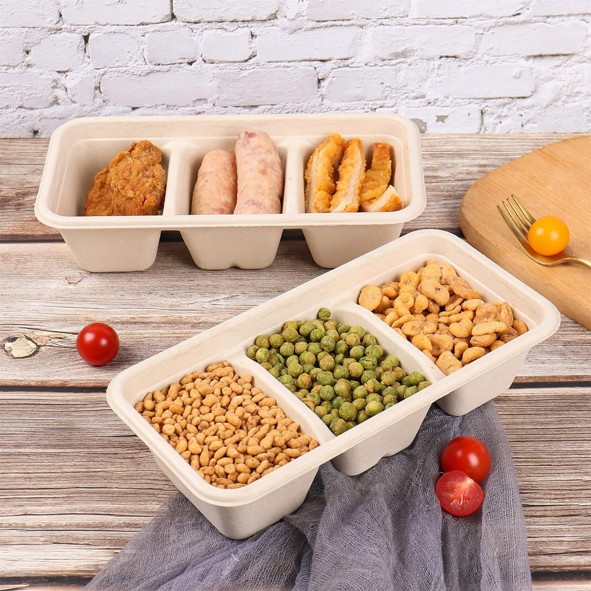 disposable bowls 18 oz 3 compartments with lids Plant Fiber 50 Pack