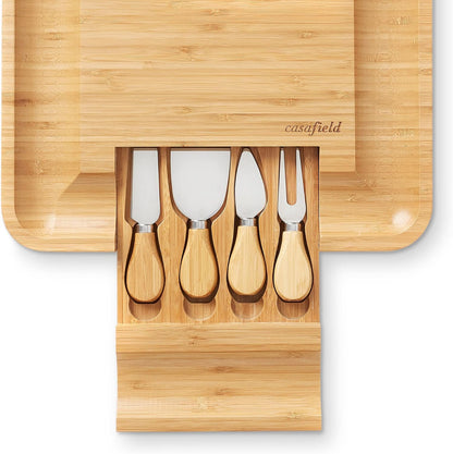 Casafield Bamboo Cheese Board and Knife Gift Set, Wooden Charcuterie Board Meat and Cheese Platter for Entertaining, Housewarming, Birthday, Wedding