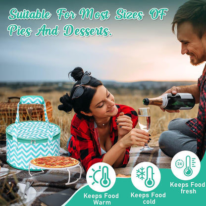 Pickmesh Round Pie Carrier 12 x 7 Inch Insulated Casserole Carriers with Lid and Detachable Handle for Hot or Cold Food Cake Transport Thanksgiving Christmas Gift(Cyan White Zigzag)