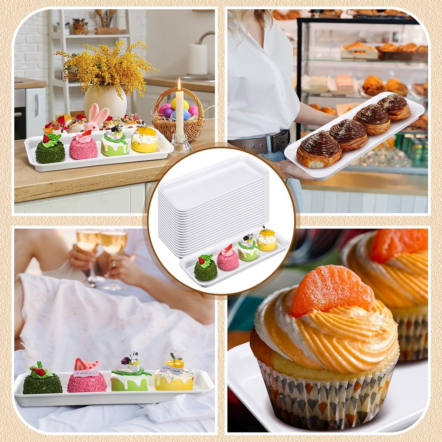 Ziliny 20 Pcs Serving Platters 14 x 6 Inch Rectangle Serving Trays Reusable Food Tray Dishes Dessert Trays Plastic Plates for Wedding Home Table Thanksgiving Christmas Party(White)
