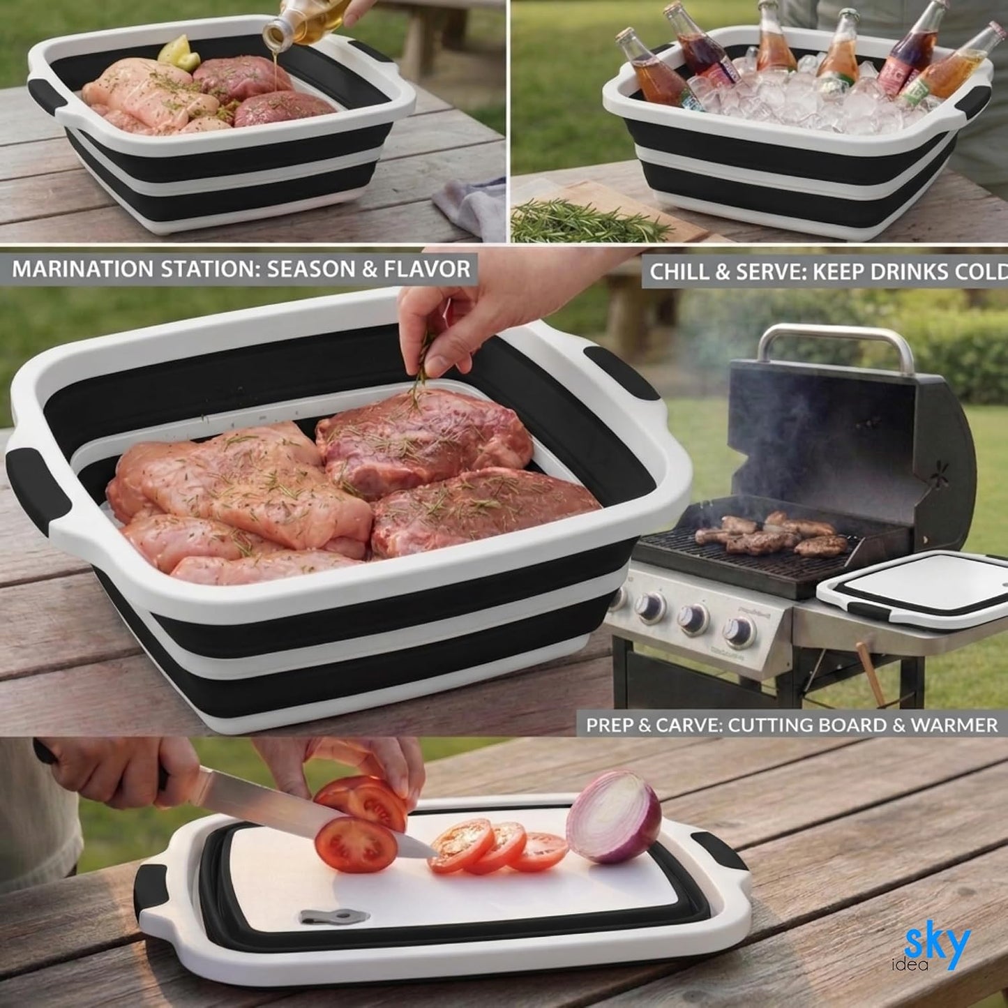Collapsible BBQ Prep Tub with Lid - XL 4.22 GAL Folding Cutting Board & Food Basin for Outdoor Cooking, Marinating Container, Space Saving Prep Station