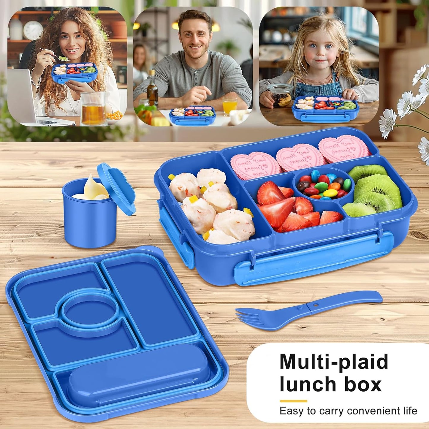 Amathley Bento Box Adult Lunch Box Kids,Lunch Containers for Adults/Kids/Toddler,5 Compartments Bento Lunch Box with Sauce Vontainers,Microwave & Dishwasher & Freezer Safe,BPA-Free (Blue)