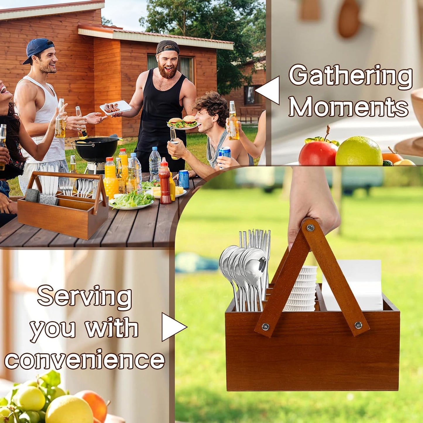 6 Compartments Paper Plate Organizer with Handle for Countertop, Wood Silverware Caddy for Cup, Napkin, Fork and Spoon, Dispenser Stand and Utensil Holder, Cutlery Caddy for Party, Camping, Picnic