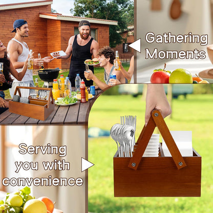 6 Compartments Paper Plate Organizer with Handle for Countertop, Wood Silverware Caddy for Cup, Napkin, Fork and Spoon, Dispenser Stand and Utensil Holder, Cutlery Caddy for Party, Camping, Picnic