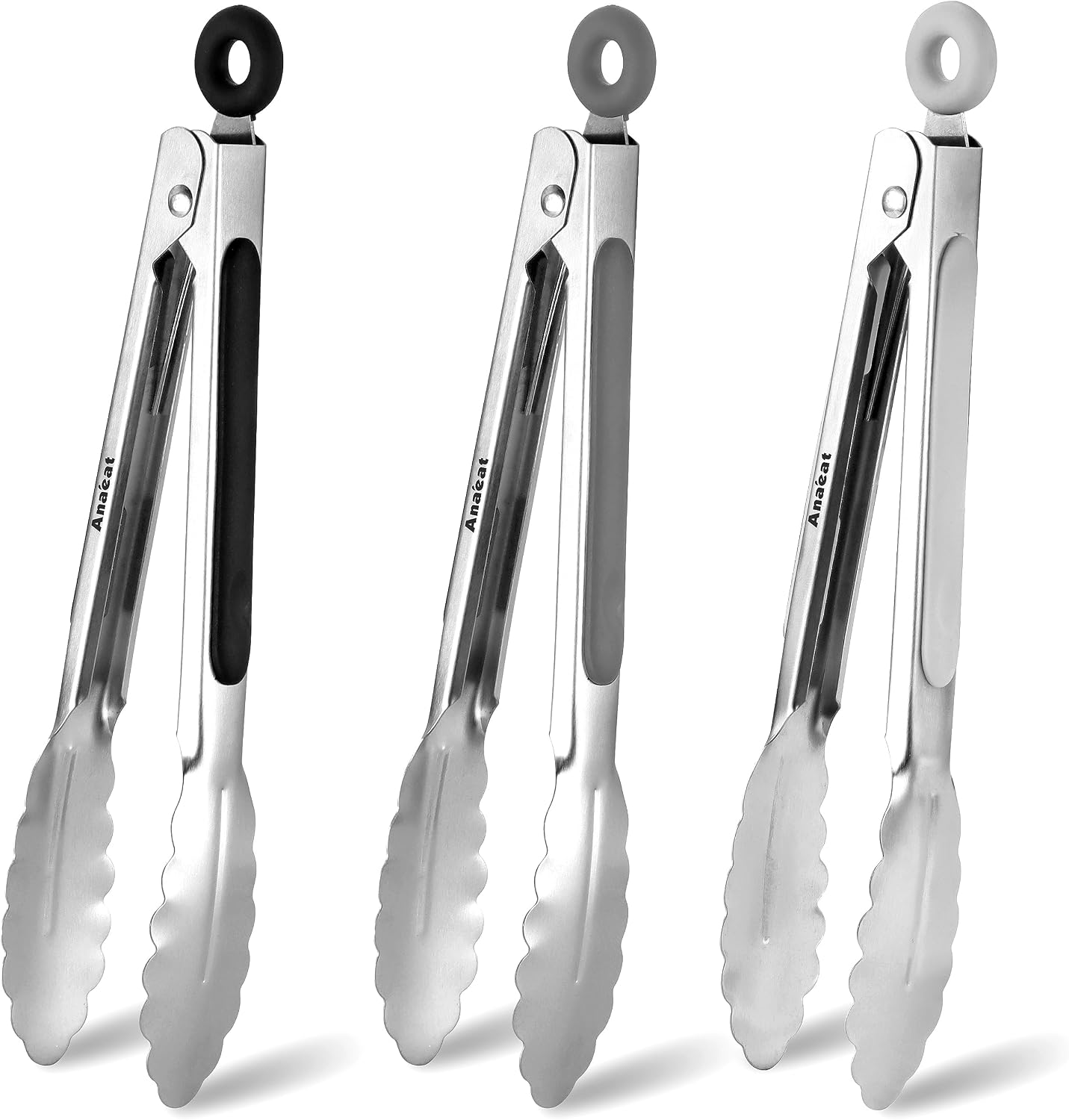 Anaeat Premium Kitchen Locking Tong Set of 3 - Heavy Duty Stainless Steel Food Tongs with Long Handle & Non-Slip Silicone Grip for Cooking, Baking, Grilling - Heat Resistant up to 480°F