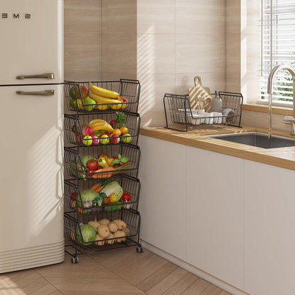 PUSDON 4-Tier Spacious Stackable Wire Storage Baskets with Wheels, Metal Rolling Utility Cart Organizer, Fruit and Vegetable Produce Basket for Kitchen Pantry, Everyday Bathroom Shelf, Silver Grey
