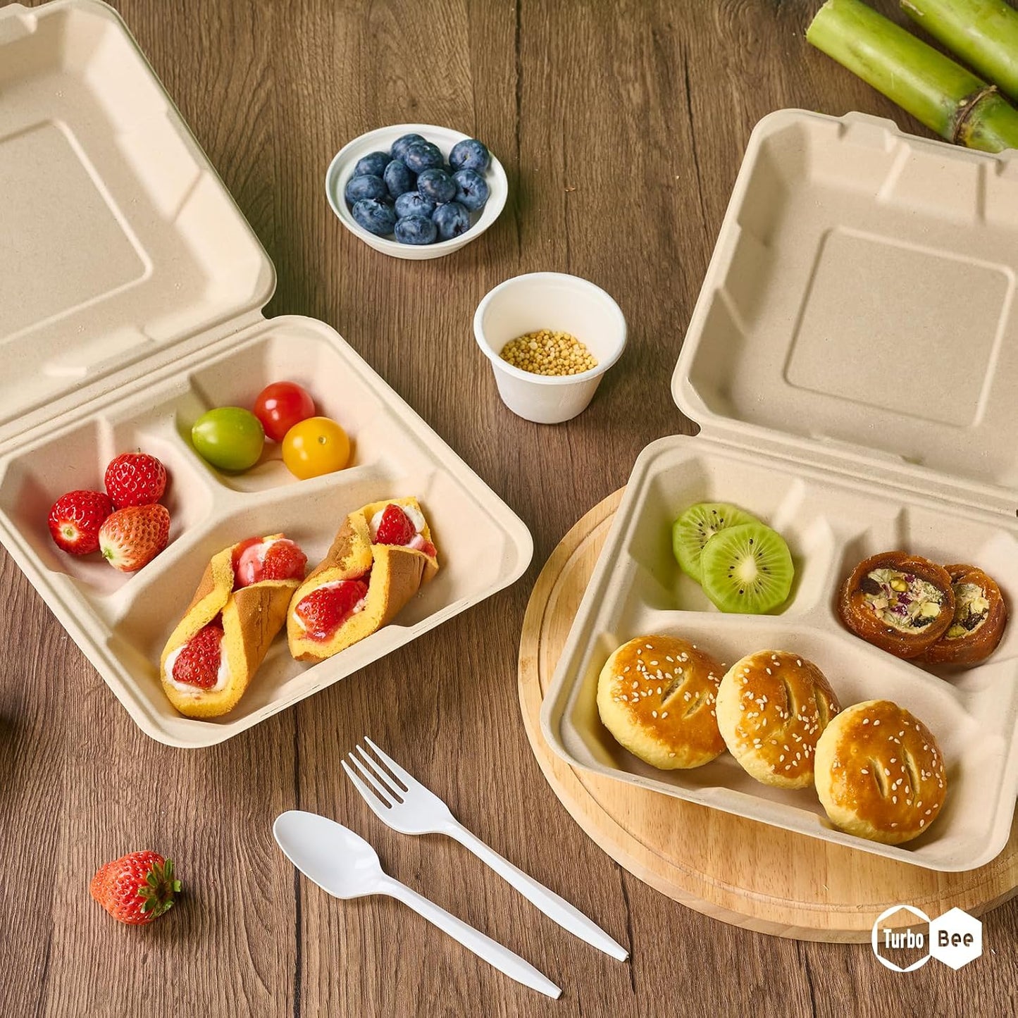 Turbo Bee 100 Pack 8x8inch White 3 Compartment Take Out Containers with Lids, Disposable Clamshell Meal Prep Containers, Divided Lunch Boxes for Catering, Restaurant & Meal Prep