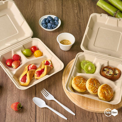 Turbo Bee 100 Pack 8x8inch White 3 Compartment Take Out Containers with Lids, Disposable Clamshell Meal Prep Containers, Divided Lunch Boxes for Catering, Restaurant & Meal Prep