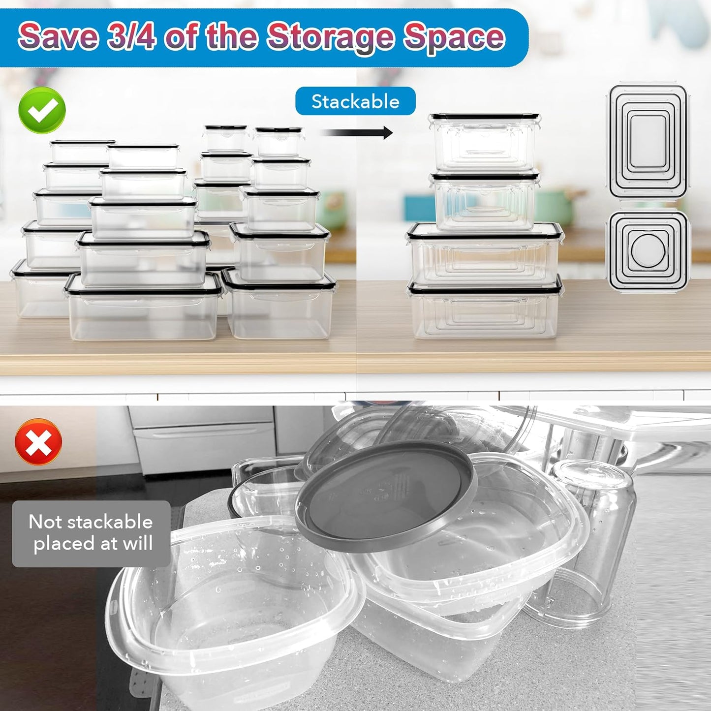 52-Piece Large Food Storage Containers with Lids Airtight, Health Material 85oz Leakproof Reusable Plastic Storage Containers, for Lunch, Meal Prep, and Leftovers, Kitchen Organizer, Freezer Container