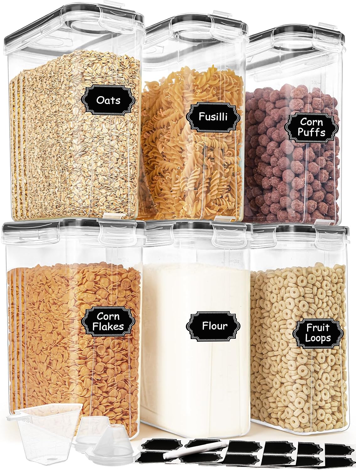 Cereal Containers Storage Set (4L / 135.2oz), 8PCS Airtight Food Storage Containers with Lids, Cereal Dispensers for Kitchen Pantry Organization and Storage with Pour Spout, 20 Labels, Marker