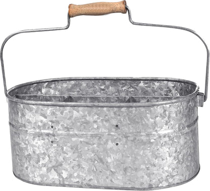 Light & Pro Multipurpose Galvanized Rustic Farmhouse Caddy - Metal 4 Compartment Storage Bin Caddy With Wooden Handle Perfect For Kitchen Utensils, Picnic, Garden Planter - Hammered - Antique Grey
