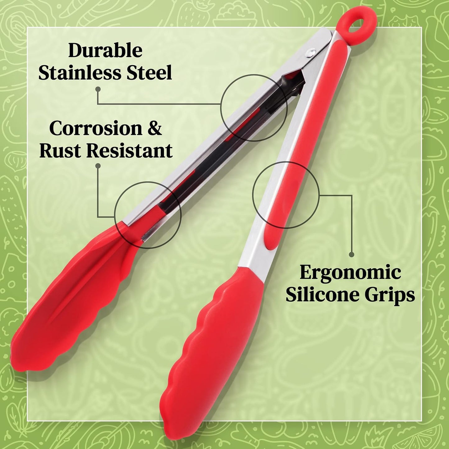 Popco 3 Piece Kitchen Tongs Set 7, 9, 12 Inch - Stainless Steel Nonstick Tongs with Silicone Tips - Heat Resistant and Dishwasher Safe for Cooking, Grilling, Salad, and Everyday Serving