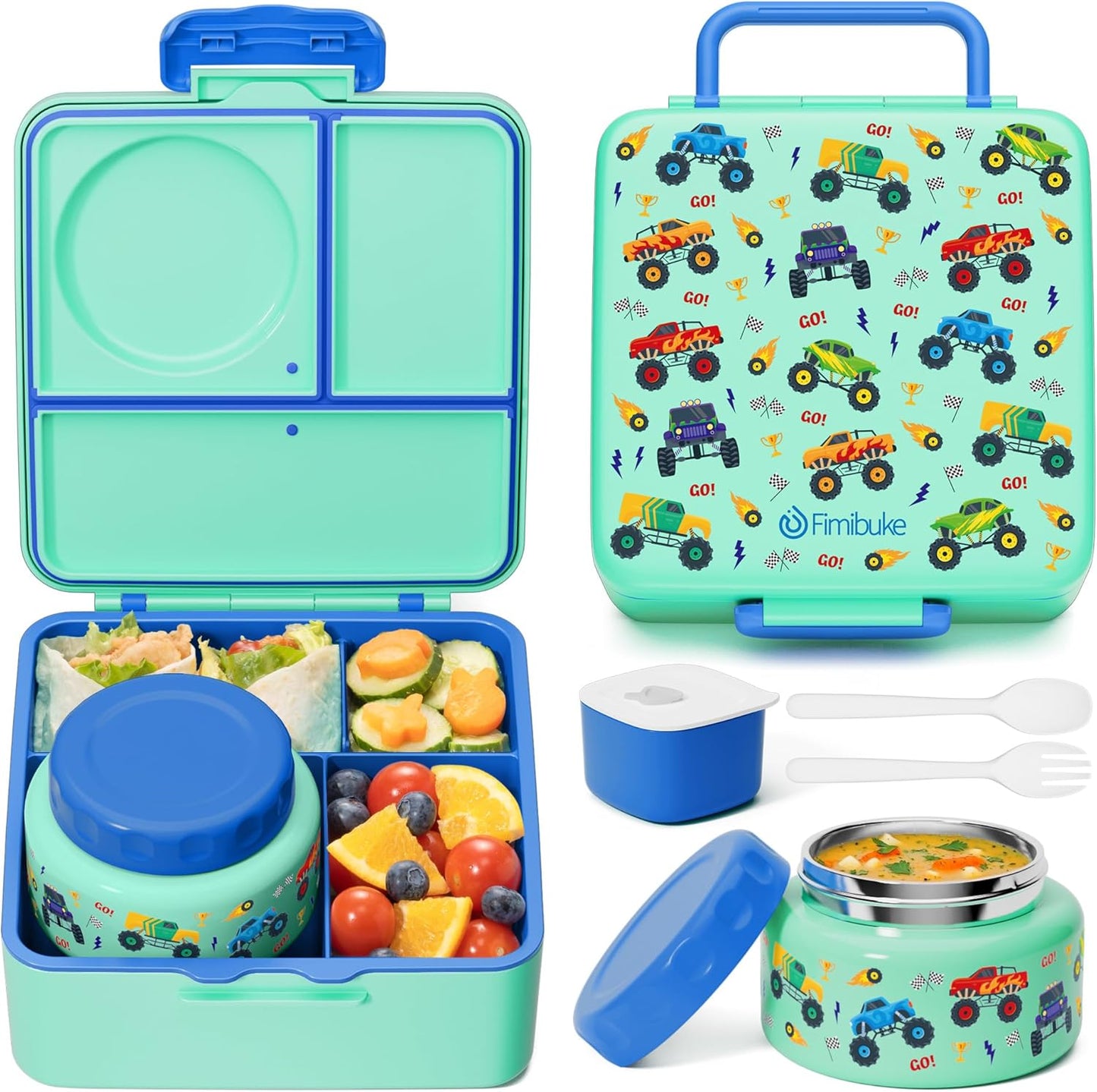 Fimibuke Bento Box for Kids Adult, BPA Free & Leakproof Toddler Lunch Box with 8.5oz Insulated Thermo Food Jar, Utensils & Sauce Jar, Dishwasher Safe 3 or 4 Compartment Container for School Girls Boys