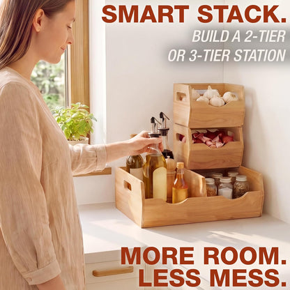 HOMESTEAD Stackable Solid Wood Storage Bins for Kitchen Pantry & Countertop, Ventilated Potato and Onion Basket Organizer with Handles, Wooden Produce Storage Containers, 3-Pack, Chestnut Finish