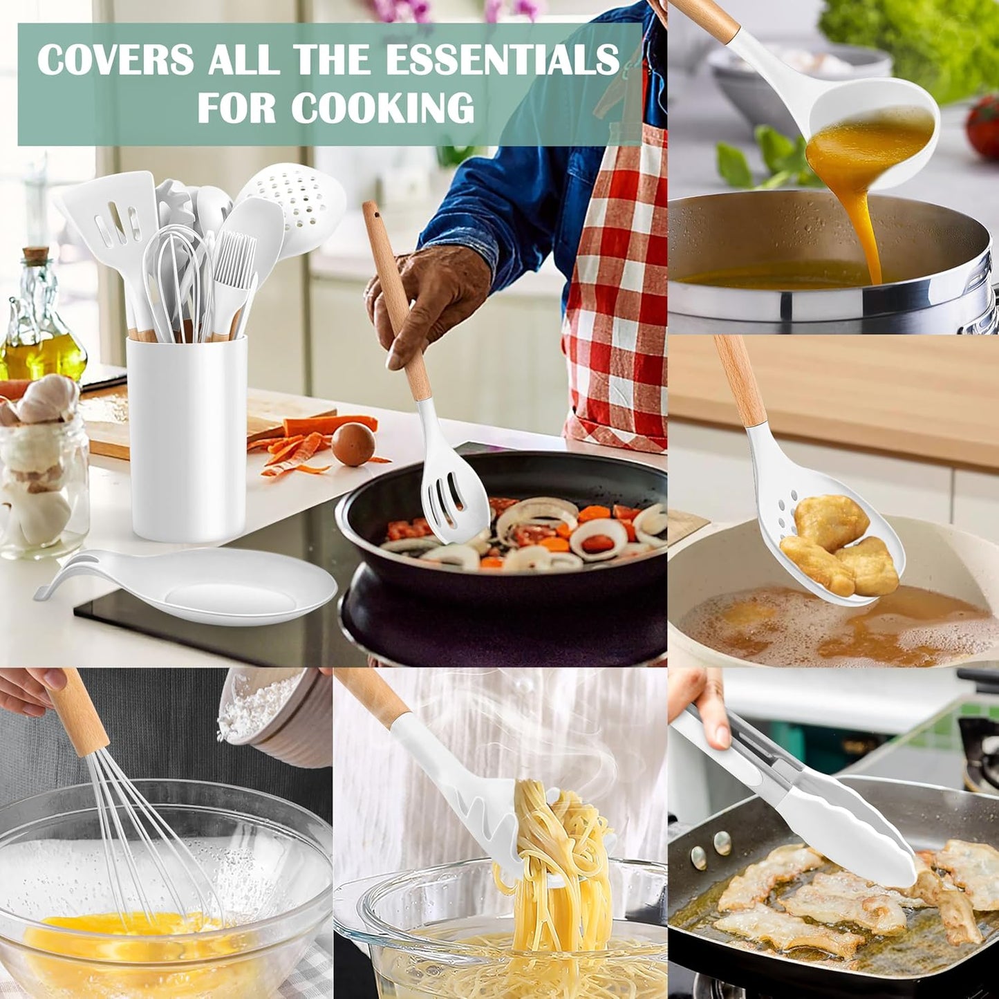 E-far Silicone Cooking Utensils Set, 5-Piece Kitchen Utensils Set with Wooden Handle for Cooking, Silicone Kitchen Nonstick Tools Spatula Turner Slotted Spoons, Nontoxic & Heat Resistant-Khaki