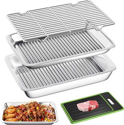 Grilling Prep and Serve Trays, 4 in 1 Stackable Stainless Steel BBQ Food Prep Trays with Cutting Board, Deep Marinating Container, Cooling Rack, Grill Pans BBQ Prep Tub, BBQ Accessories Gift