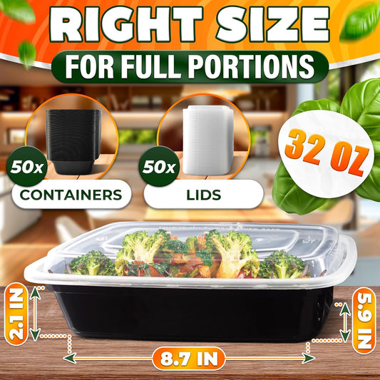 50 Pack [32 oz] Freezer Meal Prep Containers Reusable - Plastic Food Storage Containers with Lids, Dishwasher & Microwave Friendly, Warp-Resistant - Versatile Use for Meals, Leftovers & More