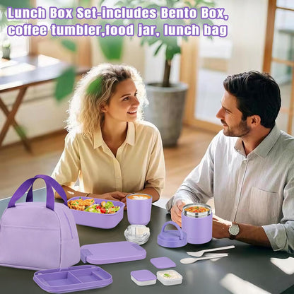 Large Bento Lunch Box Set for Adults Kids Women with 10.5oz Soup Thermo,Coffee Tumblers Men Girls Boys Teenagers Leak-Proof Lunch Food Containers with Lunch Bag