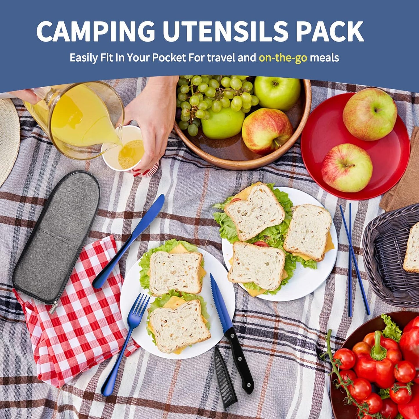 Logcow Travel Utensils Set with Case, 10-Piece Reusable Stainless Steel Camping Cutlery, Portable Fork Spoon Knife Chopsticks & Straw for Work, Lunch, Picnic (Rainbow)