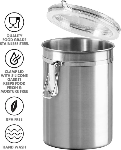 Oggi Stainless Steel Kitchen Canister 62 fl oz - Airtight Clamp Lid, Clear See-Thru Top - Ideal for Kitchen Storage, Food Storage, Pantry Storage. Large Size 5" x 7.5".