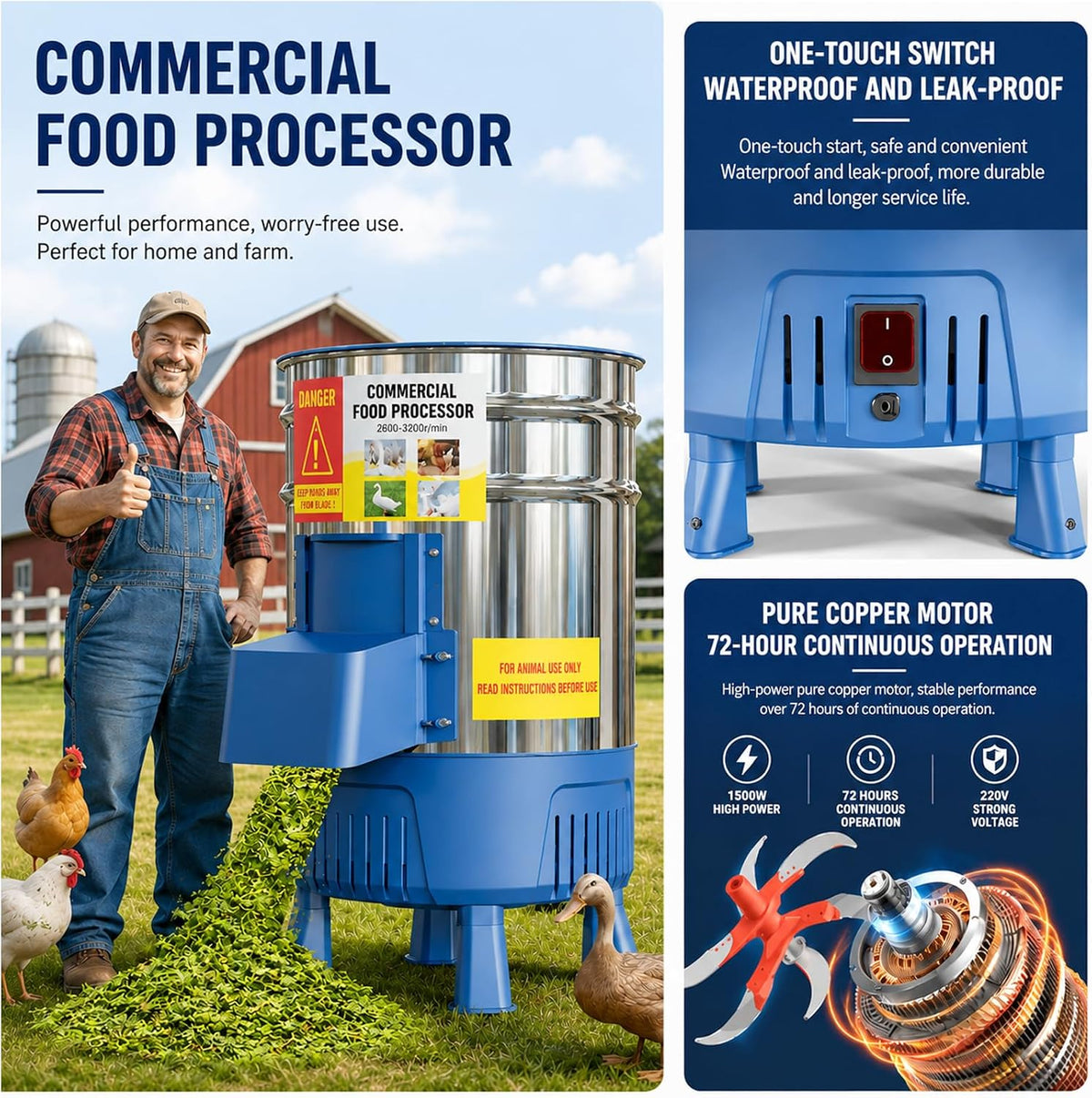 Commercial Electric Vegetable Chopper, 1500W Stainless Steel Poultry Feed Processor, Multifunctional Food Chopper for Chicken, Cattle, Sheep, Farm & Household Livestock Feed Shredder 2200W