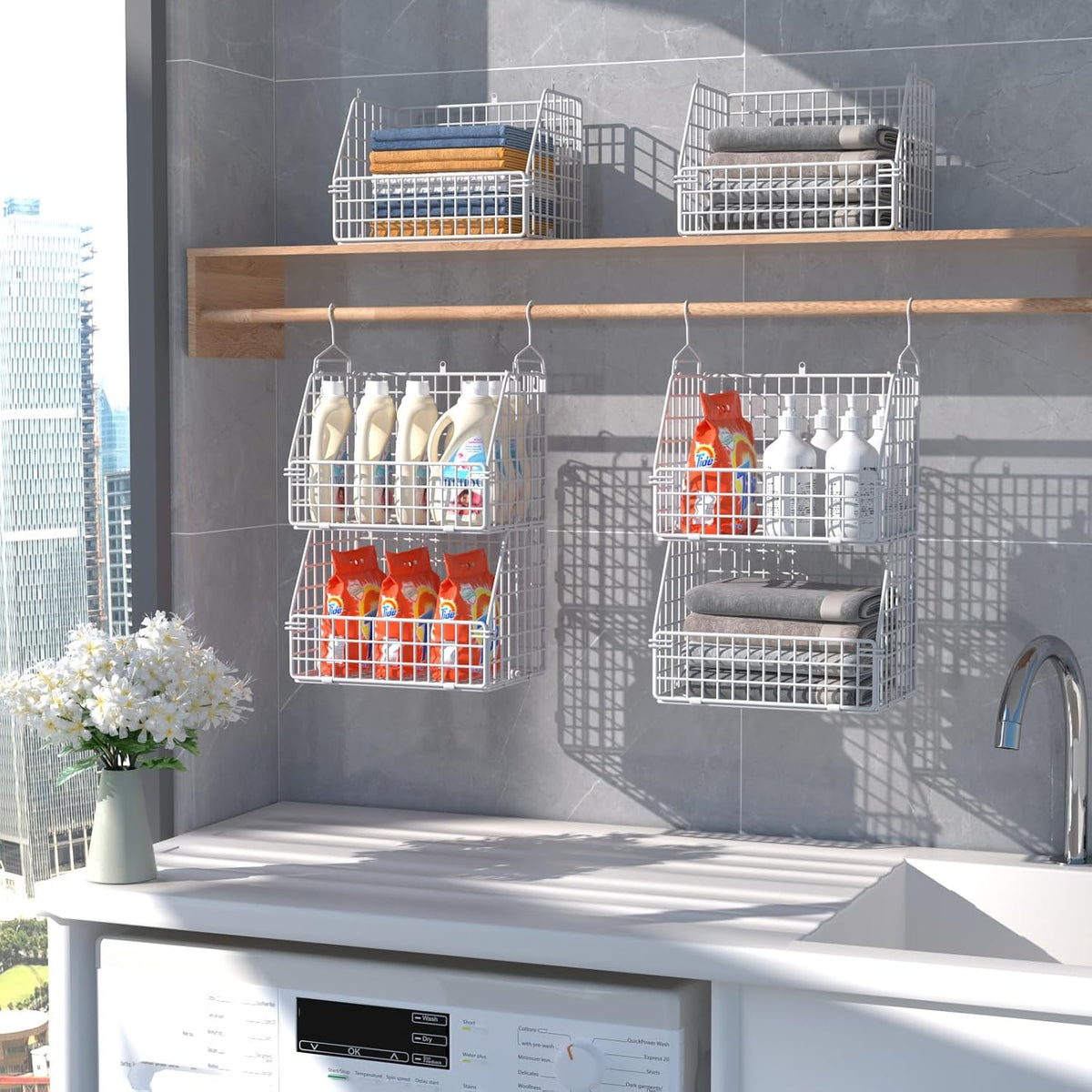 PUPPYCUTE Stackable Wire Storage Baskets for Kitchen Closet Pantry, Hanging Closet Organizers Storage Shelves Organization, Wall Mount Metal Basket Bins, Clothing Vegetable & Fruit Organizer 3 pcs