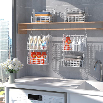 PUPPYCUTE Stackable Wire Storage Baskets for Kitchen Closet Pantry, Hanging Closet Organizers Storage Shelves Organization, Wall Mount Metal Basket Bins, Clothing Vegetable & Fruit Organizer 3 pcs