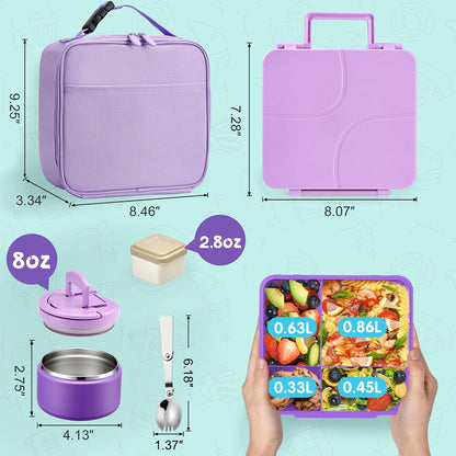 MAXSO Bento Lunch Box Set with 8 oz Soup Thermo, Kids Leakproof 4 Compartments Hot Food Container with Sauce Cup, Ice Pack and Lunch Bag, Child Insulated Food Jar for School - Black