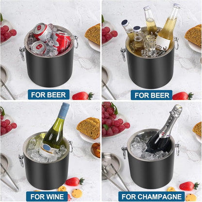 Ice Bucket with Lid & Tong- Well Made Insulated Stainless Steel Keep Ice Frozen Longer - Ideal for Cocktail Bar, Parties, Chilling Wine, Champagne - 3 Liter (Black)