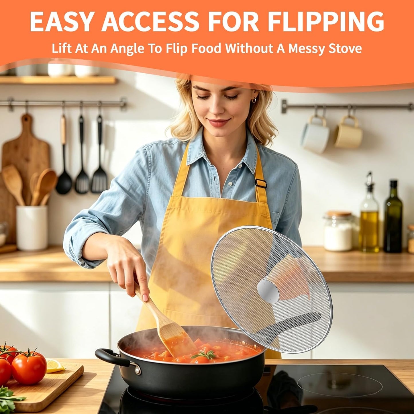 Splatter Screen for Frying Pan Set, 3 Pack 10"/11.5"/13" 304 Stainless Steel Grease Splatter Guard with Foldable Handle & Silicone Oven Mitts, Dishwasher Safe