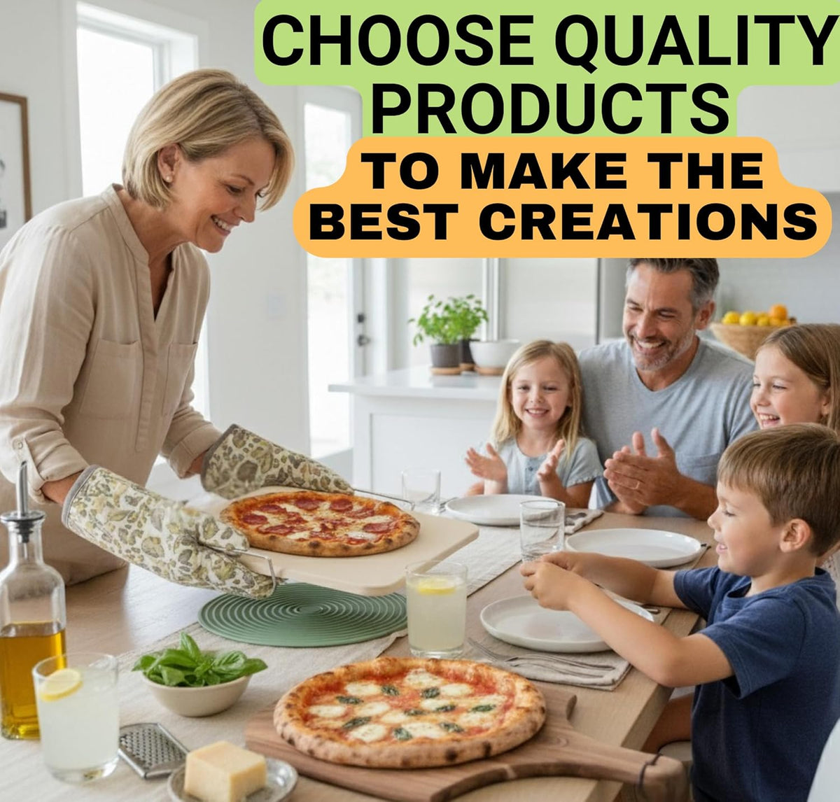Pizza Stone for Oven and Grill Set - 5PCS Pizza Making Accessories Kit - 15 inch Pizza Stone with Handles, Pizza Peel, Pizza Cutter, Dough Tool - Baking Stone for Bread - Large Rectangular Oven Stones