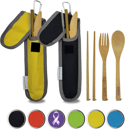 Travel Utensils with Case Set Fork, Knife, Spoon, Chopsticks, Straw, Straw-cleaning brush, Travel Pouch and Carabiner, Excellent For Everyday Use! ((1Set) Sky Blue)