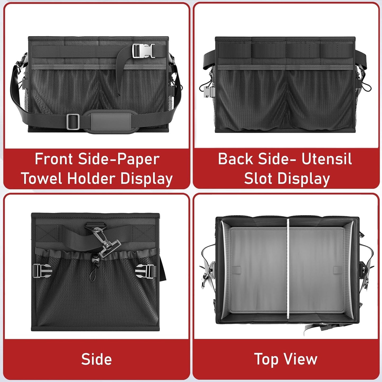 FANGSUN Black Grill Caddy, BBQ Organizer with Lid & Paper Towel Holder, Picnic Griddle Caddy for Outdoor Camping, Barbecue Accessories Organizer, 32L Capacity, Black