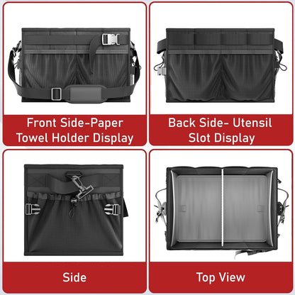 FANGSUN Black Grill Caddy, BBQ Organizer with Lid & Paper Towel Holder, Picnic Griddle Caddy for Outdoor Camping, Barbecue Accessories Organizer, 32L Capacity, Black