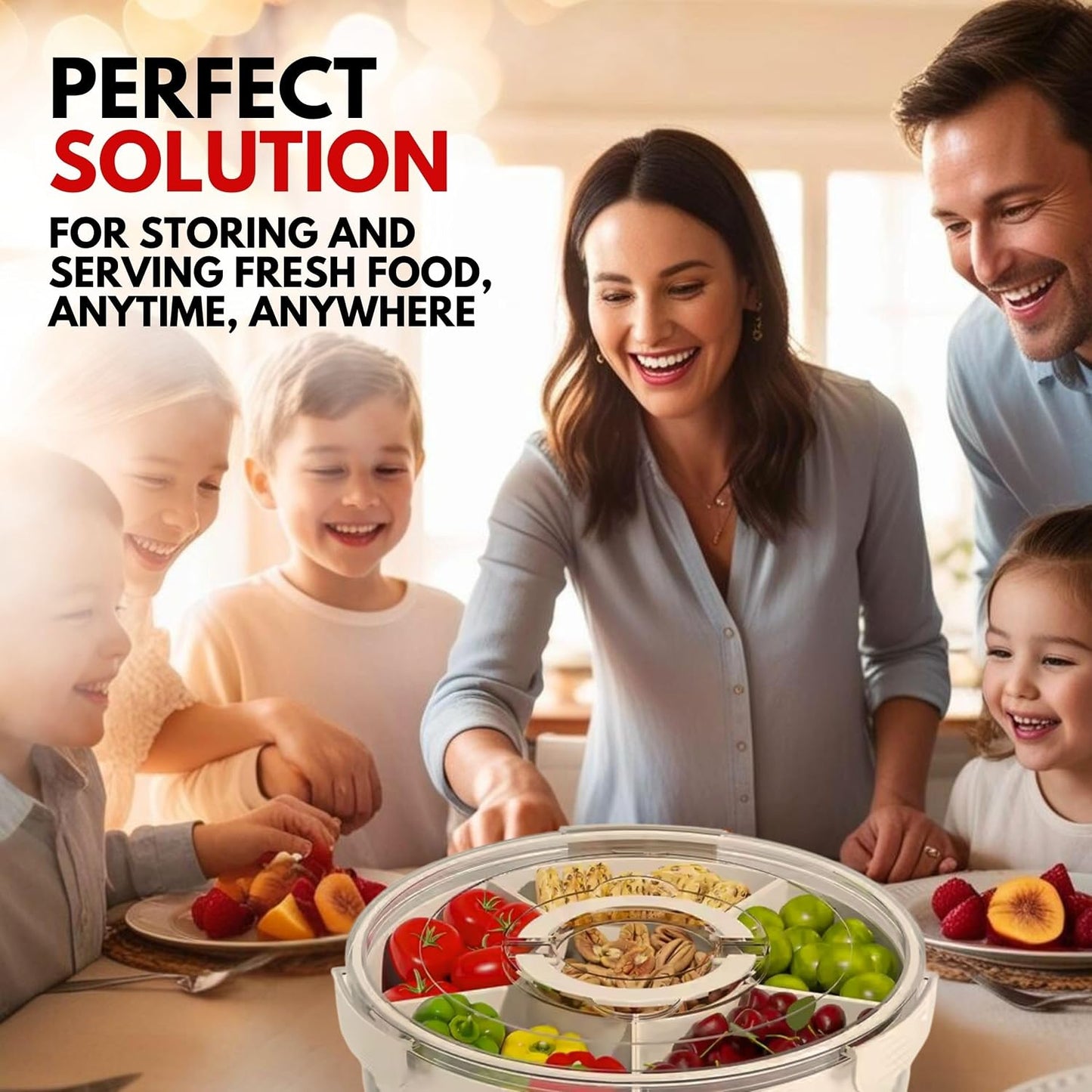 12" Divided Rotating Serving Tray with Lid and Handle — Clear Snack Spinner Organizer and Storage 12 Inch Portable Snackle Box for Fruits Snacks Veggie Charcuterie with 6 Compartments