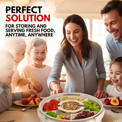12" Divided Rotating Serving Tray with Lid and Handle — Clear Snack Spinner Organizer and Storage 12 Inch Portable Snackle Box for Fruits Snacks Veggie Charcuterie with 6 Compartments