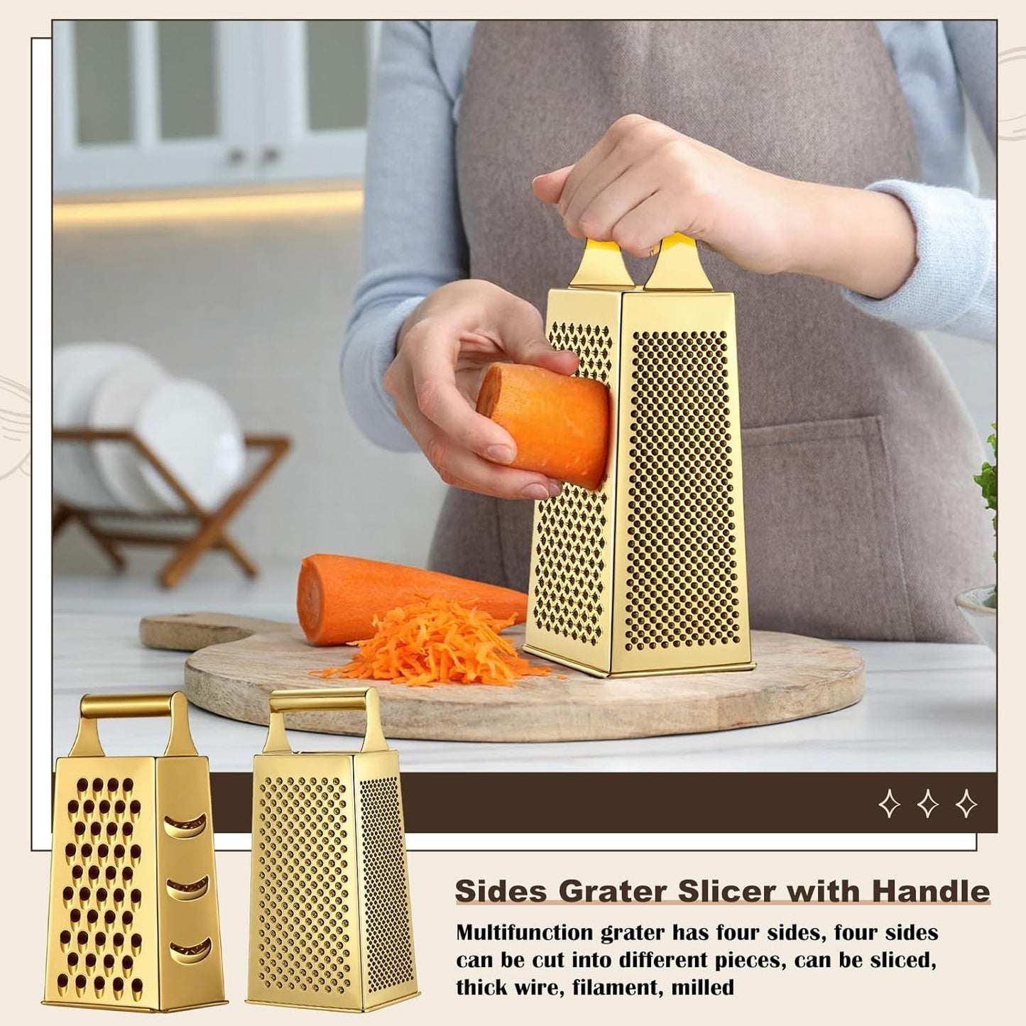 Baderke 6 Pcs Gold Kitchen Accessories Set Includes 3 Gold Mixing Bowls with Airtight Lids Stainless Steel Colander Grater Slicer and Fine Mesh Strainer(Mixing Bowls: 2.8/3.7/5 Qt, Colander: 4 Qt)
