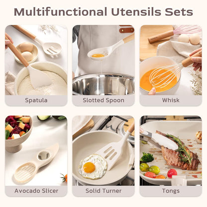 Astercook 39 PCS Kitchen Utensils Set, Silicone Cooking Utensil Sets with Wooden Handle, 446°F Heat Resistant Food Grade Spatula Set, BPA Free Kitchen Gadgets Tools Set & Spoons for Nonstick Cookware