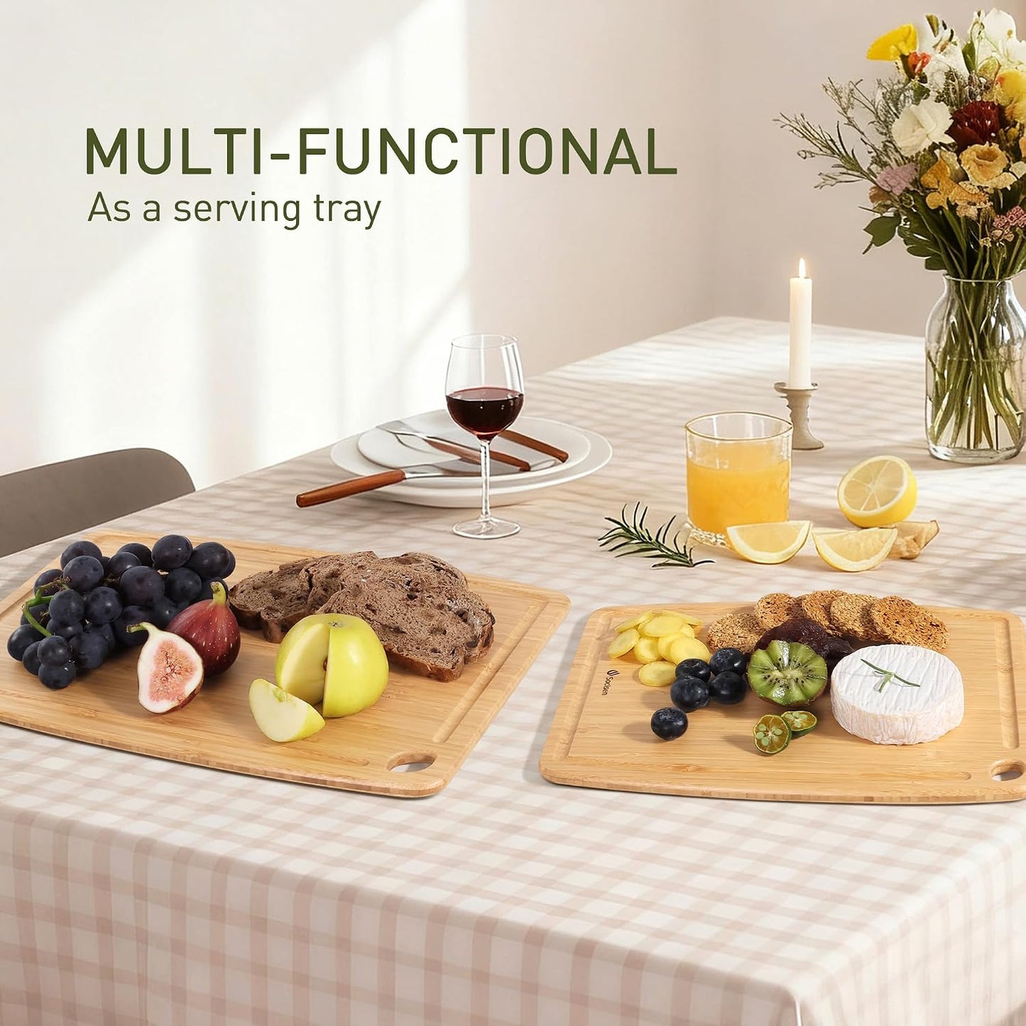 Lightweight Durable Bamboo Cutting Board Set with Non-Slip Feet, Wood Cutting Board for Busy Kitchen, Easy Clean Wooden Chopping Boards with Juice Groove Best House Warming Gift Set of 3 (S+M+L)